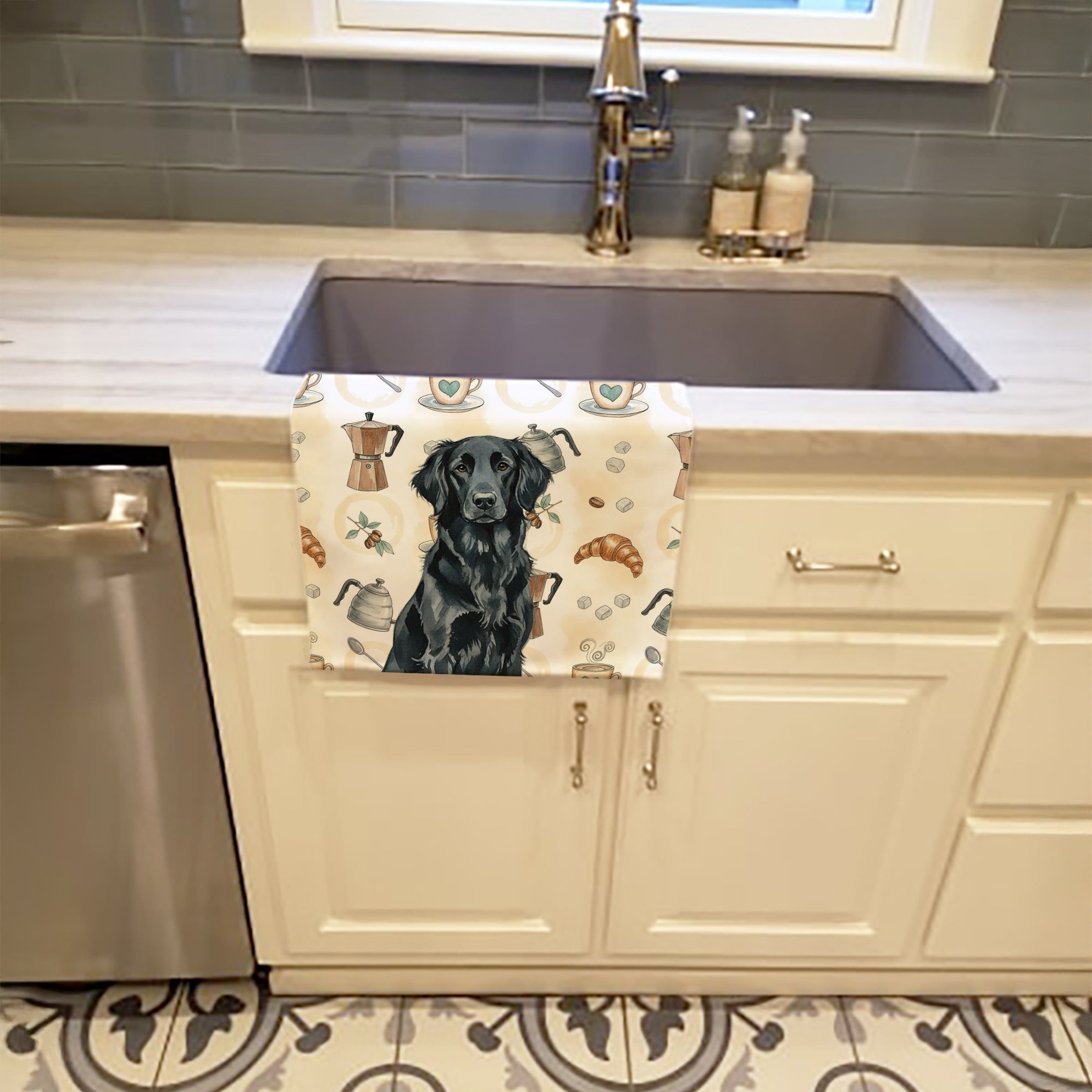 Black Flat-Coated Retriever Coffee Bar Kitchen Towel Velour Plush Front and Cotton Loop Back Machine Washable