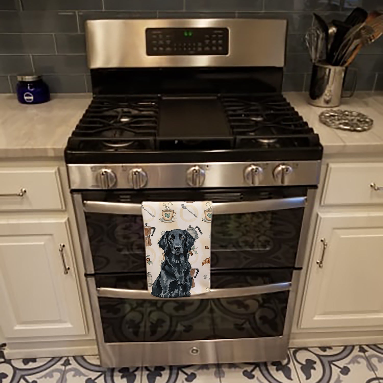Black Flat-Coated Retriever Coffee Bar Kitchen Towel Velour Plush Front and Cotton Loop Back Machine Washable