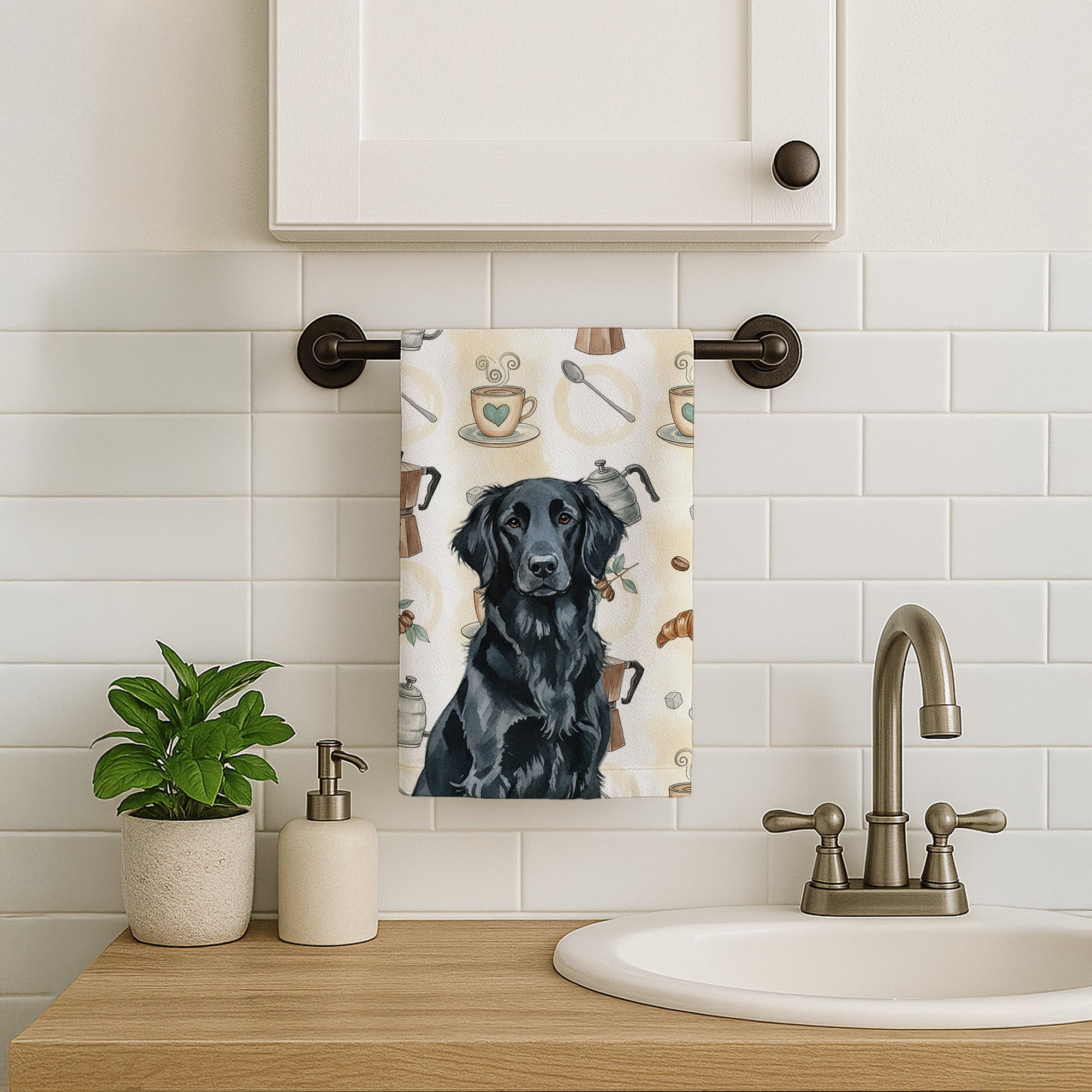 Black Flat-Coated Retriever Coffee Bar Kitchen Towel Velour Plush Front and Cotton Loop Back Machine Washable