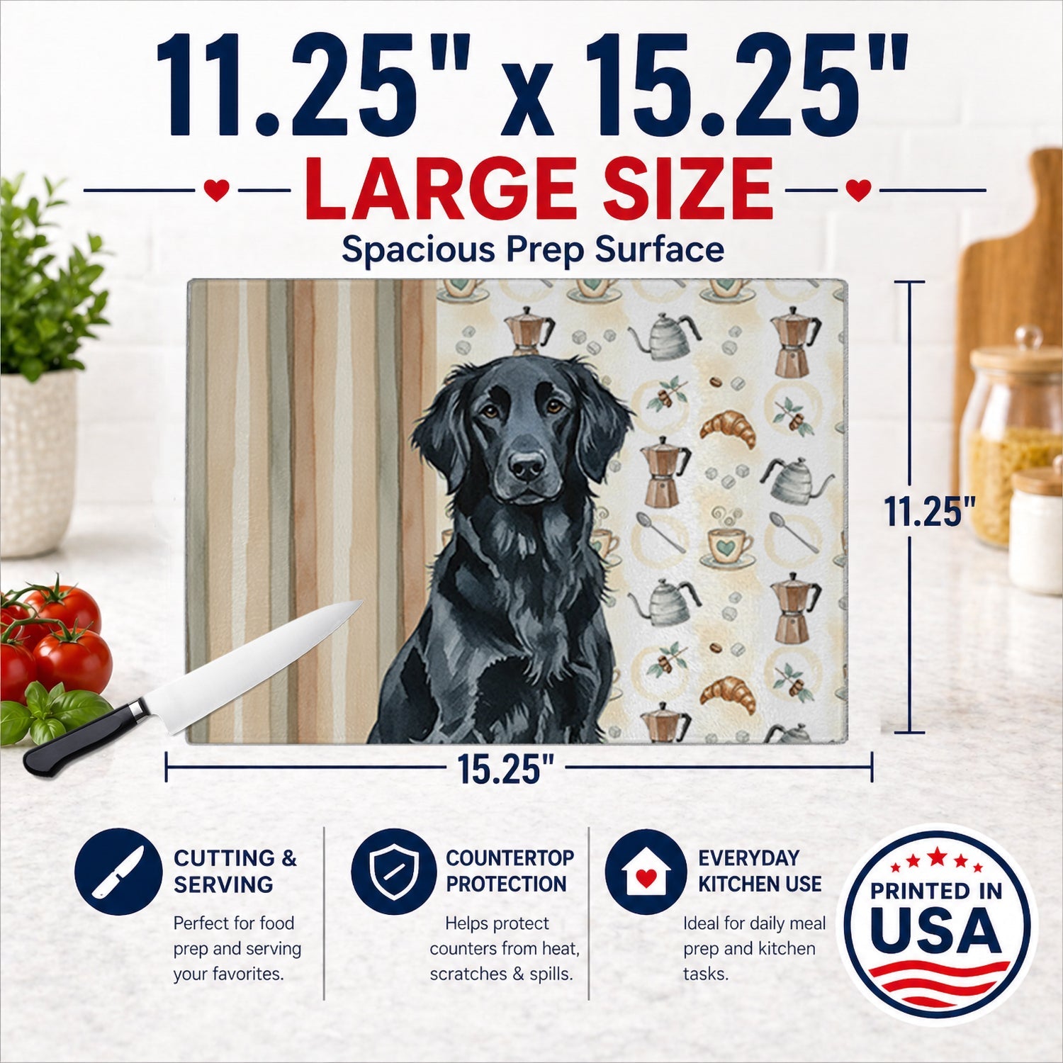Black Flat-Coated Retriever Coffee Bar Cutting Board Tempered Glass Kitchen Cutting Surface, Heat Resistant Chopping, Non-Slip Feet, Food Prep & Serving
