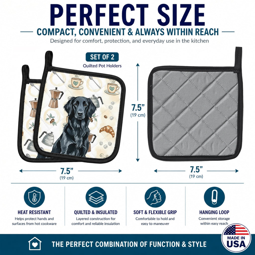 Black Flat-Coated Retriever Coffee Bar Pot Holder Set of 2 Heat Resistant Quilted Hot Pads 7.5 x 7.5 Inch, Insulated Kitchen Trivets for Cooking & Baking