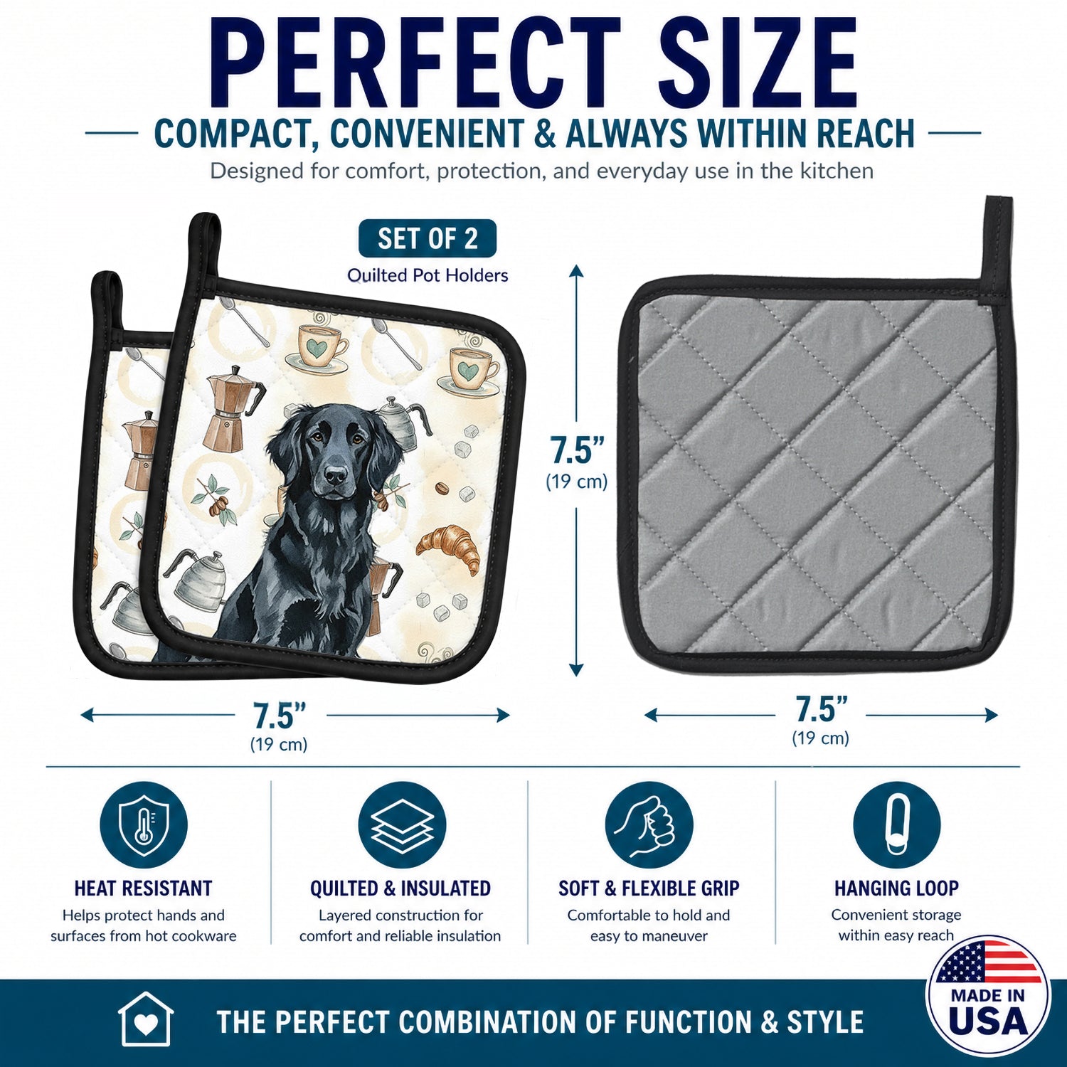 Black Flat-Coated Retriever Coffee Bar Pot Holder Set of 2 Heat Resistant Quilted Hot Pads 7.5 x 7.5 Inch, Insulated Kitchen Trivets for Cooking & Baking