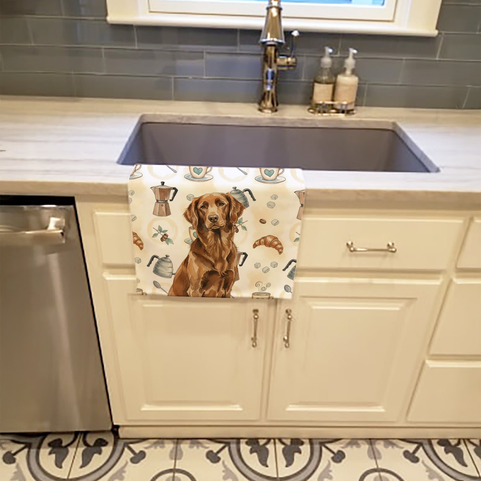 Liver Flat-Coated Retriever Coffee Bar Kitchen Towel Velour Plush Front and Cotton Loop Back Machine Washable