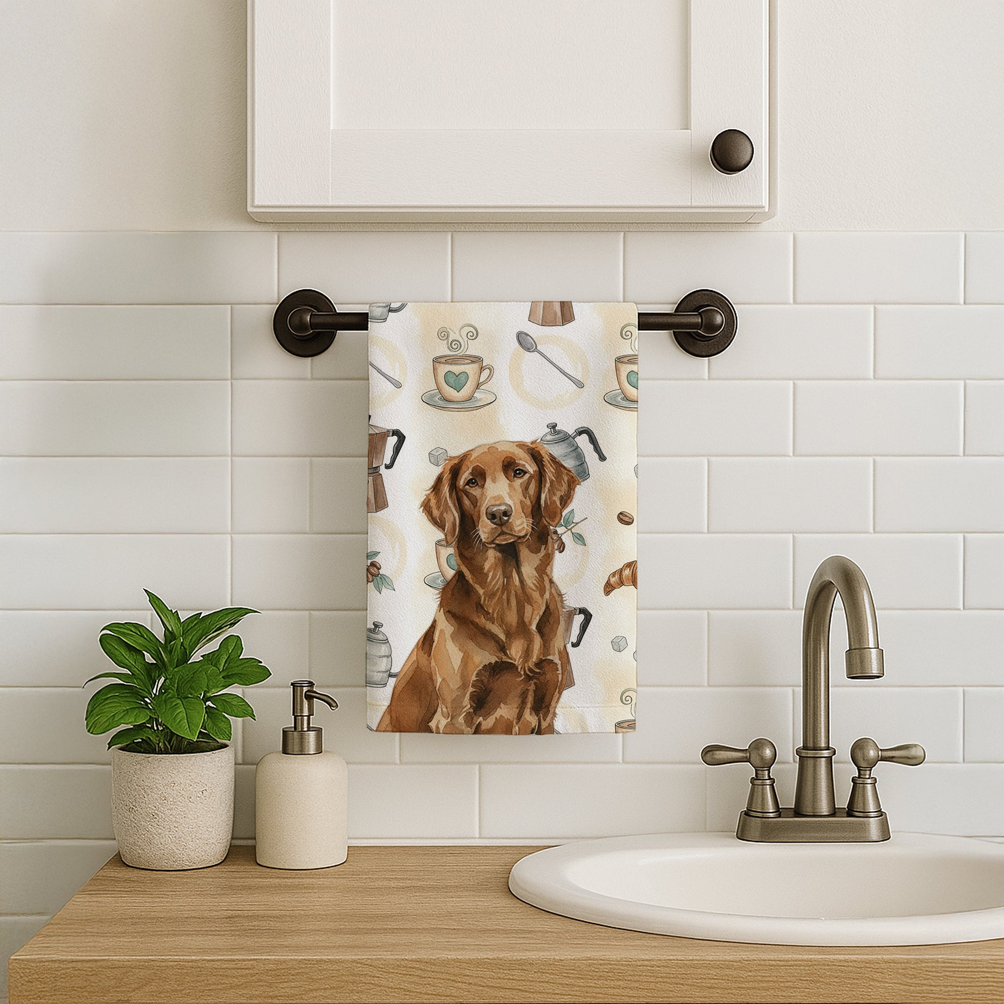 Liver Flat-Coated Retriever Coffee Bar Kitchen Towel Velour Plush Front and Cotton Loop Back Machine Washable