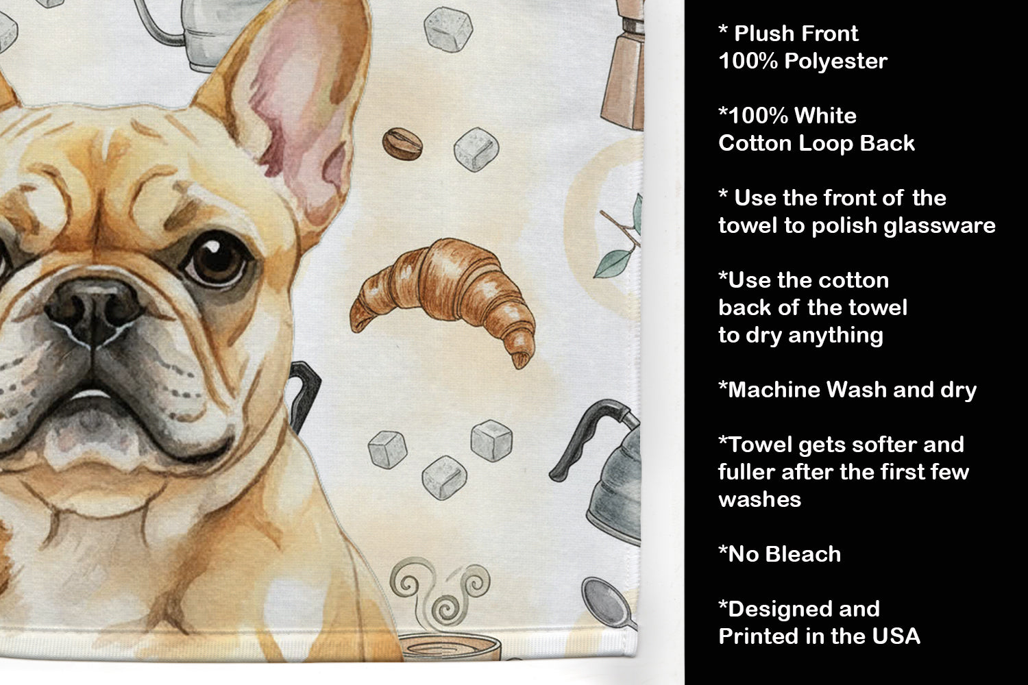 Fawn French Bulldog Coffee Bar Kitchen Towel Velour Plush Front and Cotton Loop Back Machine Washable