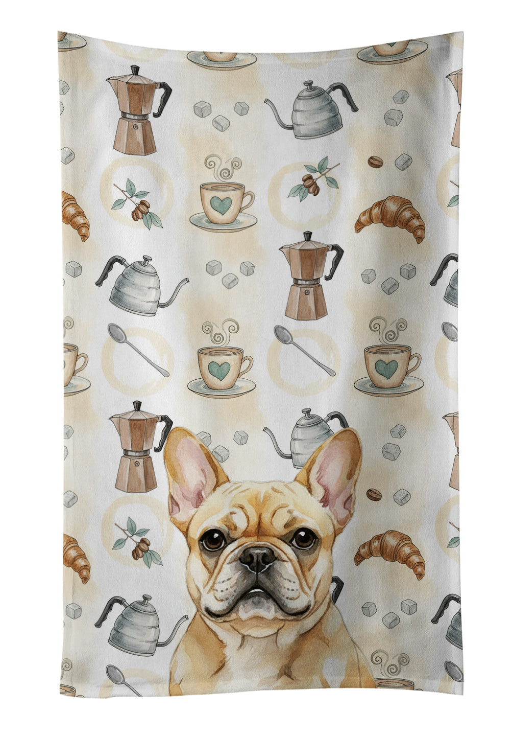 Fawn French Bulldog Coffee Bar Kitchen Towel Velour Plush Front and Cotton Loop Back Machine Washable