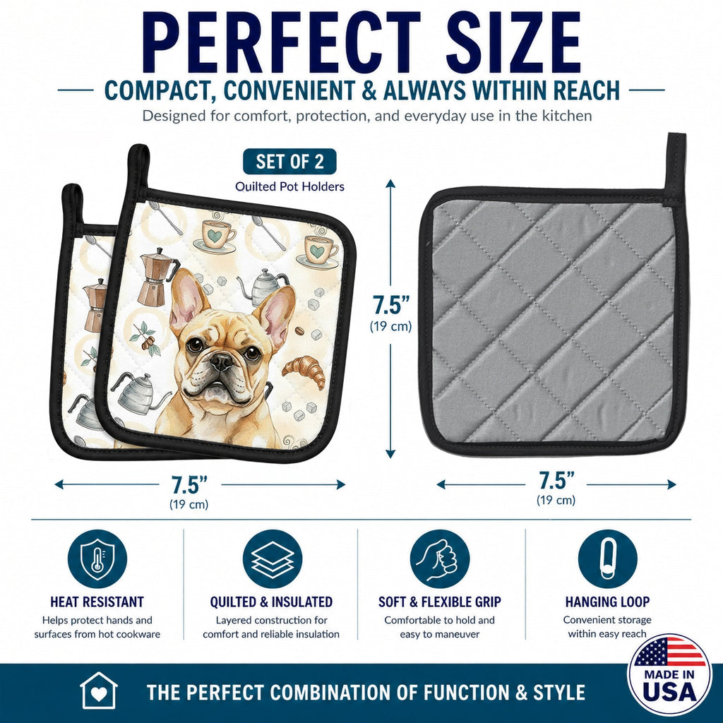Fawn French Bulldog Coffee Bar Pot Holder Set of 2 Heat Resistant Quilted Hot Pads 7.5 x 7.5 Inch, Insulated Kitchen Trivets for Cooking & Baking