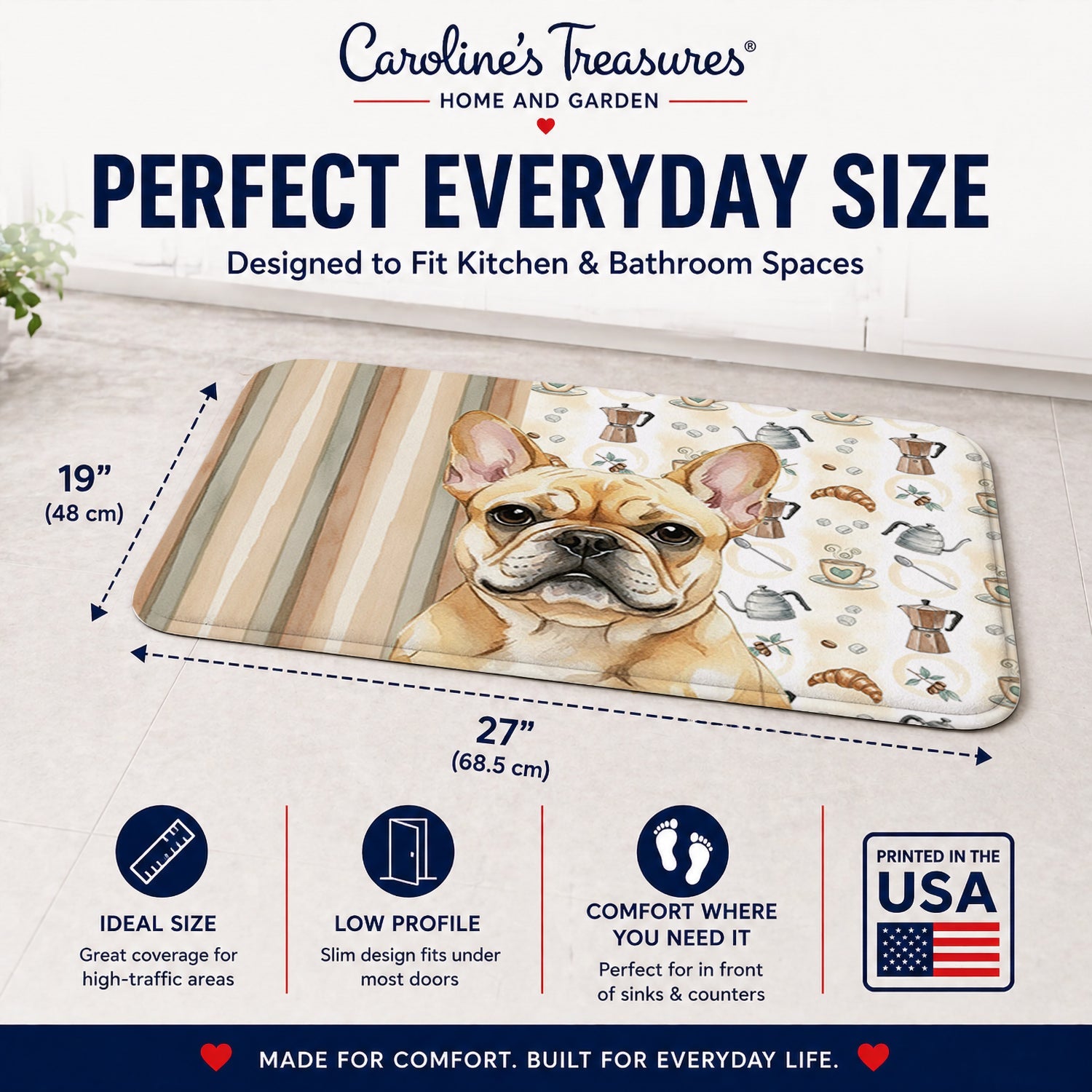 Fawn French Bulldog Coffee Bar Memory Foam Kitchen Mat Machine Washable Anti-Fatigue Cushion Comfort Bath or Kitchen Rug