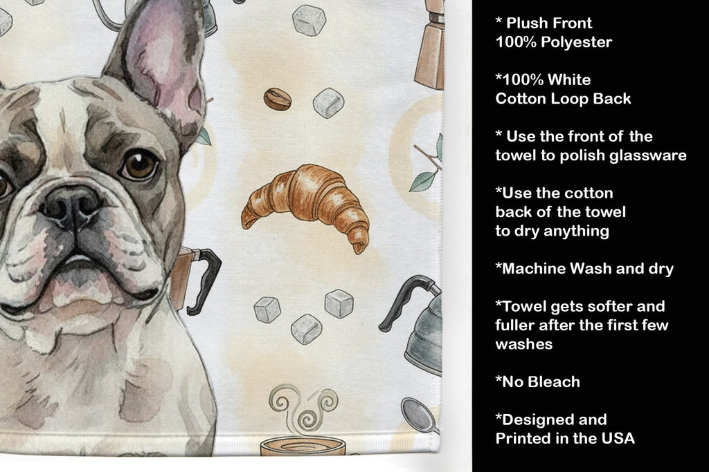 Pied French Bulldog Coffee Bar Kitchen Towel Velour Plush Front and Cotton Loop Back Machine Washable