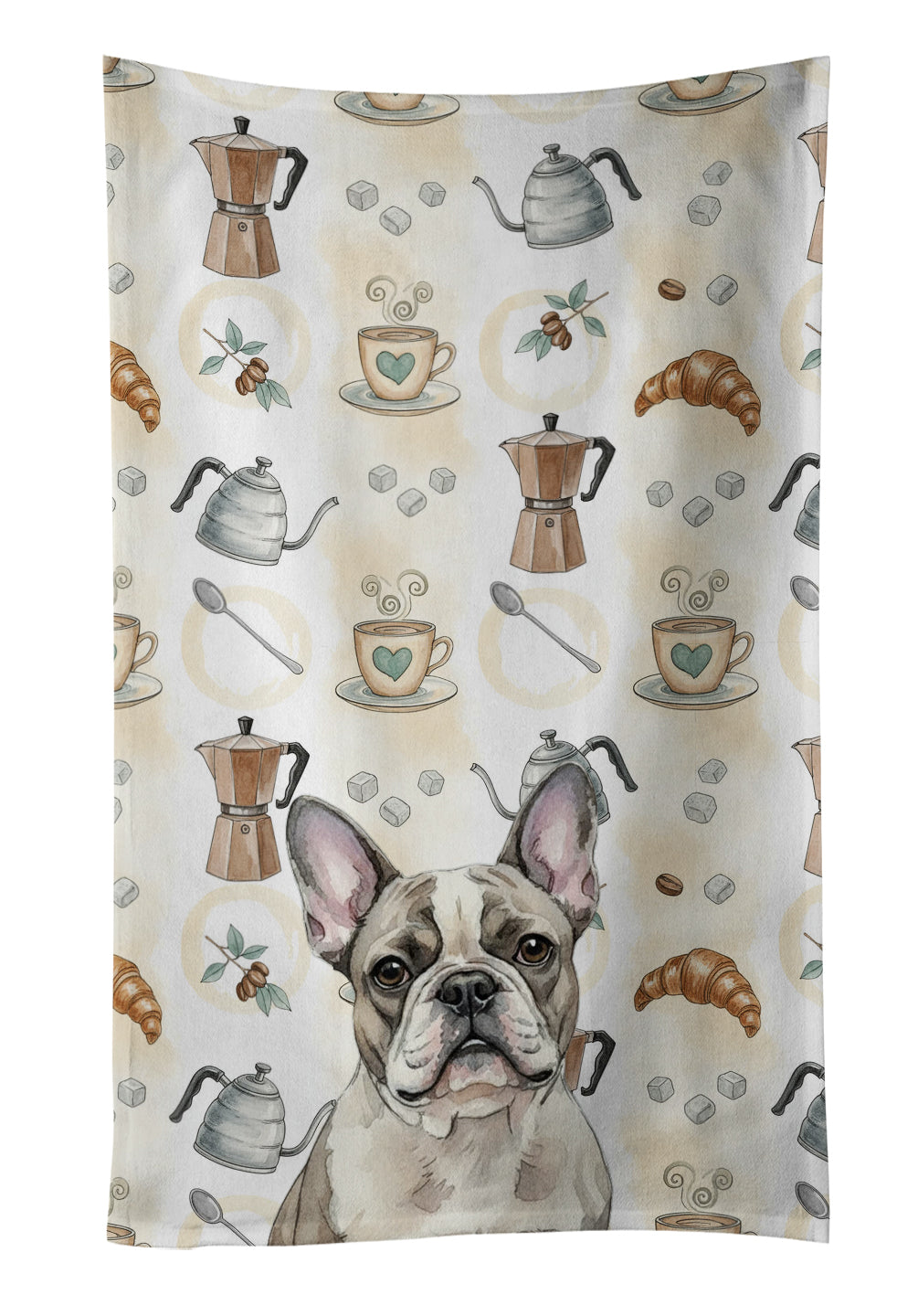 Pied French Bulldog Coffee Bar Kitchen Towel Velour Plush Front and Cotton Loop Back Machine Washable