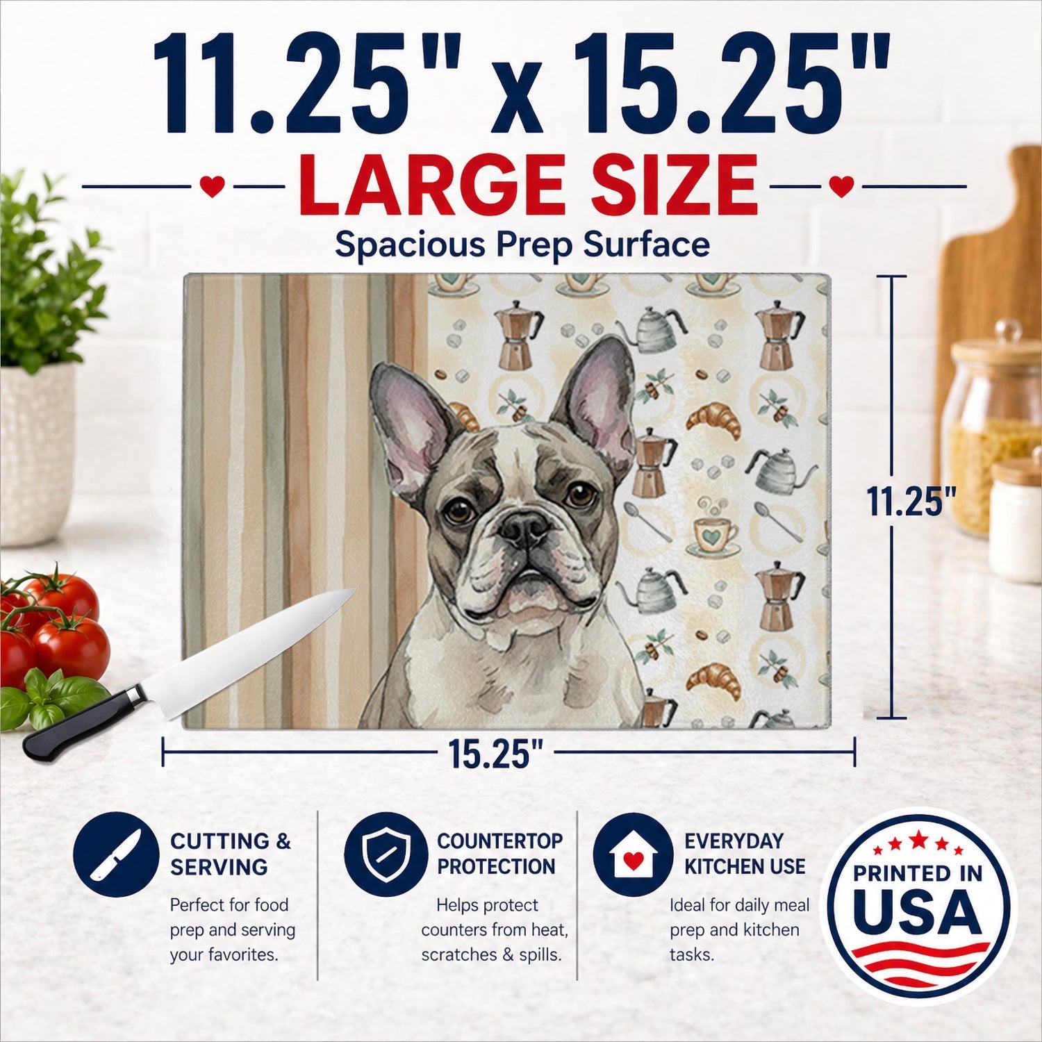 Pied French Bulldog Coffee Bar Cutting Board Tempered Glass Kitchen Cutting Surface, Heat Resistant Chopping, Non-Slip Feet, Food Prep & Serving