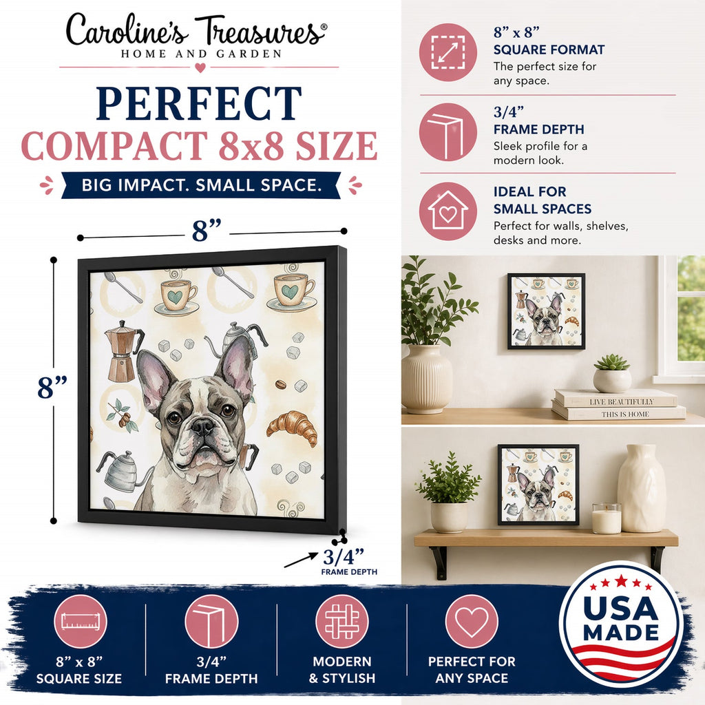 Pied French Bulldog Coffee Bar Framed Metal Print Bathroom, Kitchen, Office, Home Decor Wall Art Ready to Hang, Square, 8X8