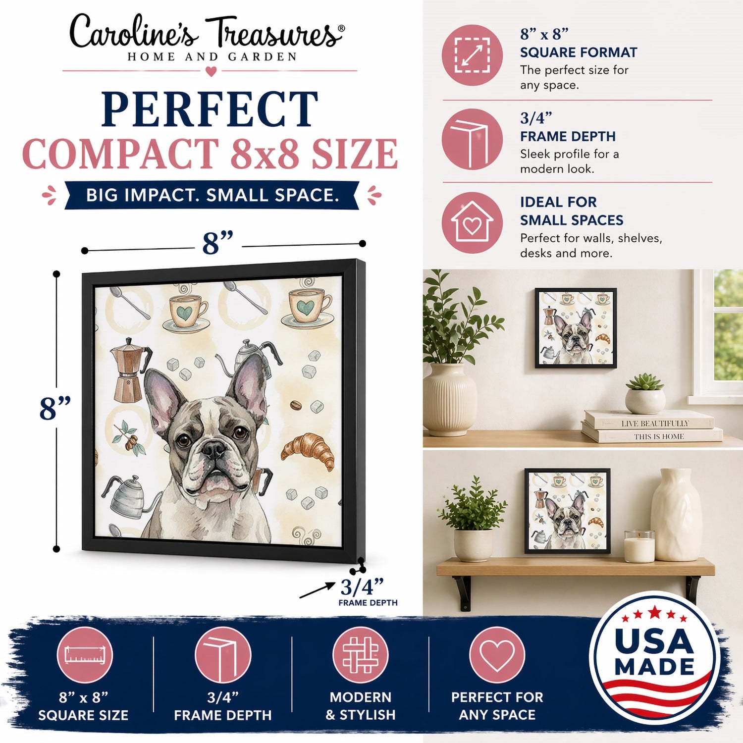 Pied French Bulldog Coffee Bar Framed Metal Print Bathroom, Kitchen, Office, Home Decor Wall Art Ready to Hang, Square, 8X8