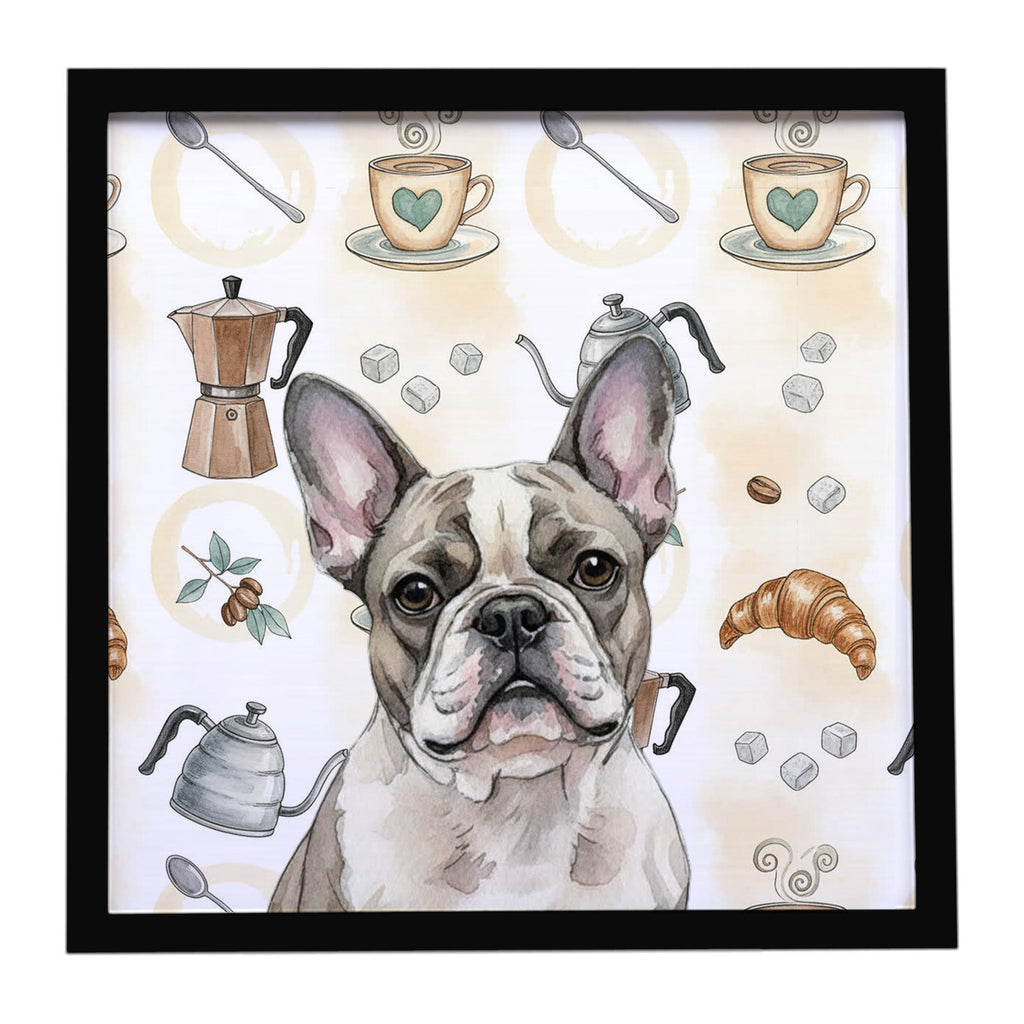 Pied French Bulldog Coffee Bar Framed Metal Print Bathroom, Kitchen, Office, Home Decor Wall Art Ready to Hang, Square, 8X8