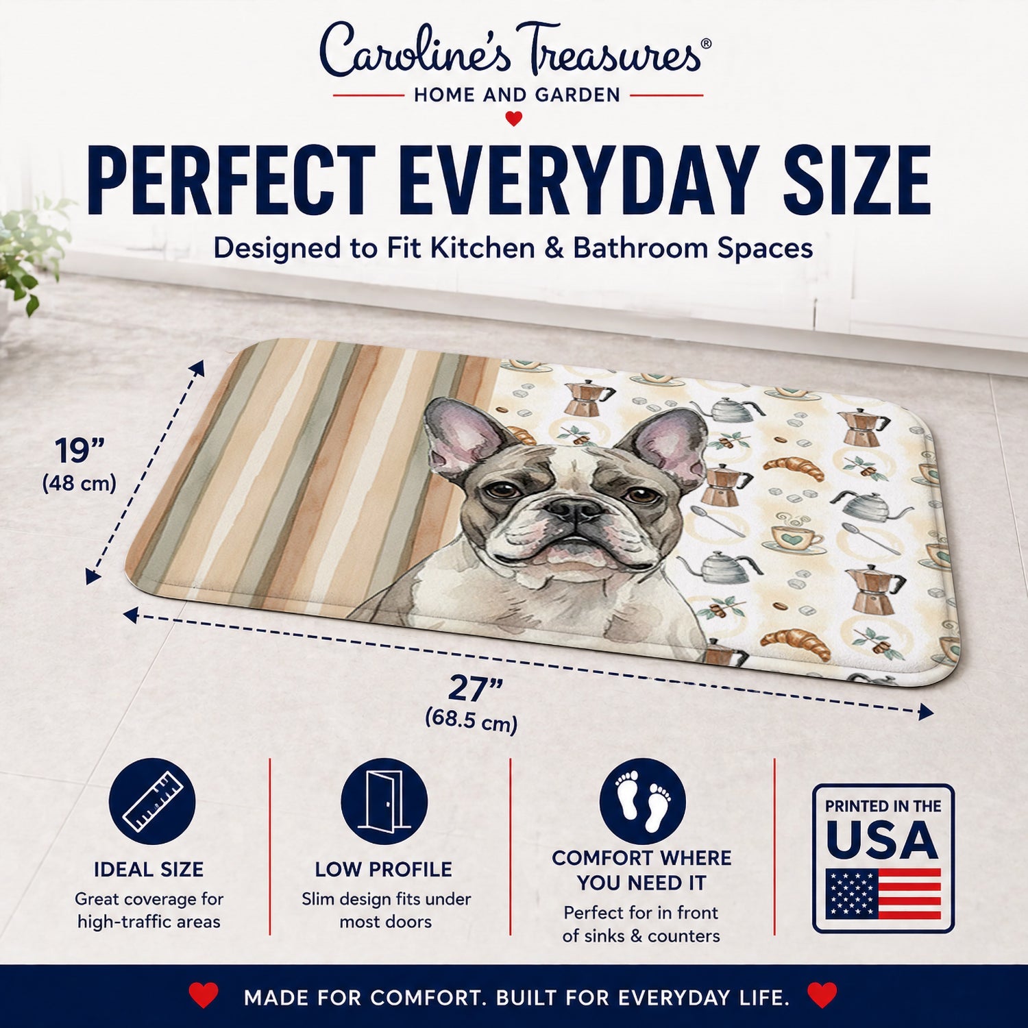 Pied French Bulldog Coffee Bar Memory Foam Kitchen Mat Machine Washable Anti-Fatigue Cushion Comfort Bath or Kitchen Rug