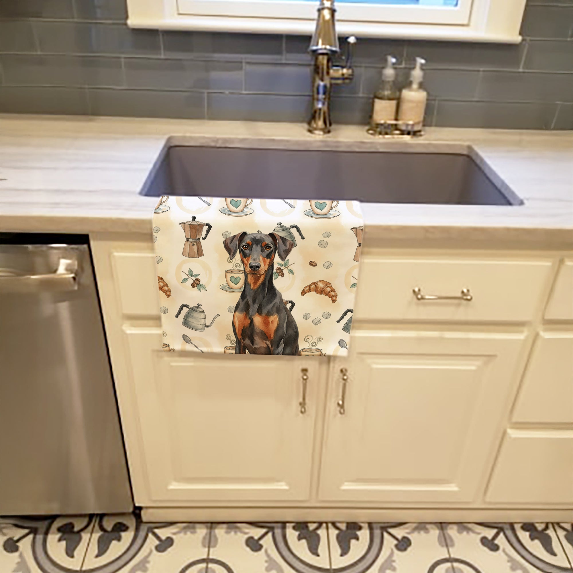 German Pinscher Coffee Bar Kitchen Towel Velour Plush Front and Cotton Loop Back Machine Washable