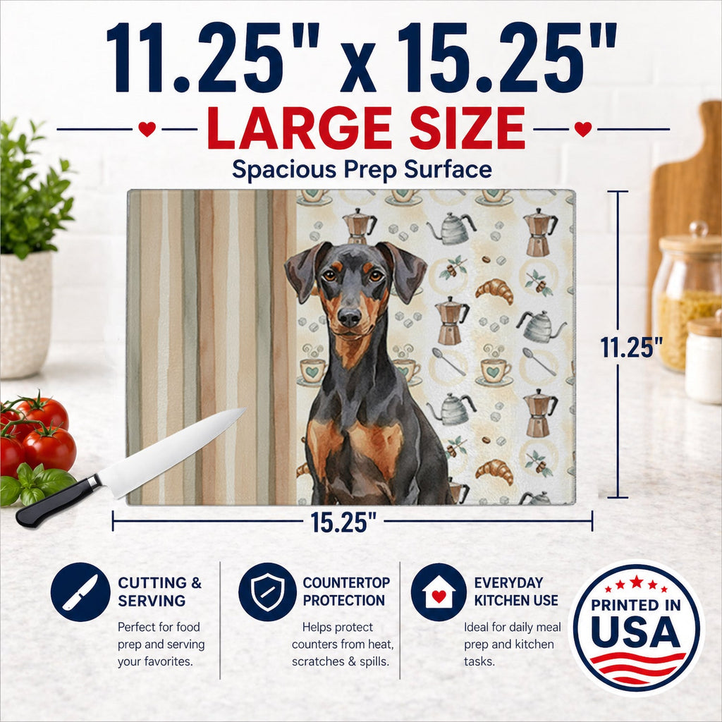 German Pinscher Coffee Bar Cutting Board Tempered Glass Kitchen Cutting Surface, Heat Resistant Chopping, Non-Slip Feet, Food Prep & Serving