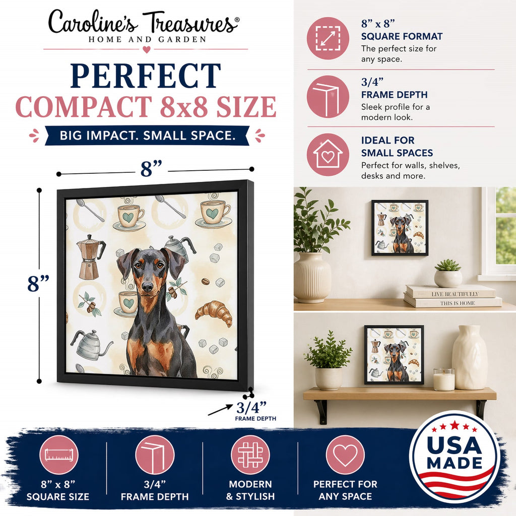 German Pinscher Coffee Bar Framed Metal Print Bathroom, Kitchen, Office, Home Decor Wall Art Ready to Hang, Square, 8X8