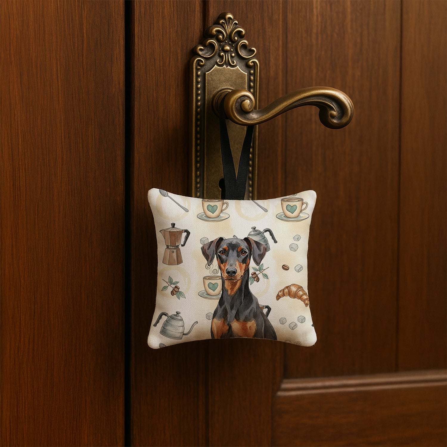 German Pinscher Coffee Bar Hanging Square Fabric Ornament 3.5 � 3.5 Decorative Door-Knob & Tree Hanger, Soft Fabric
