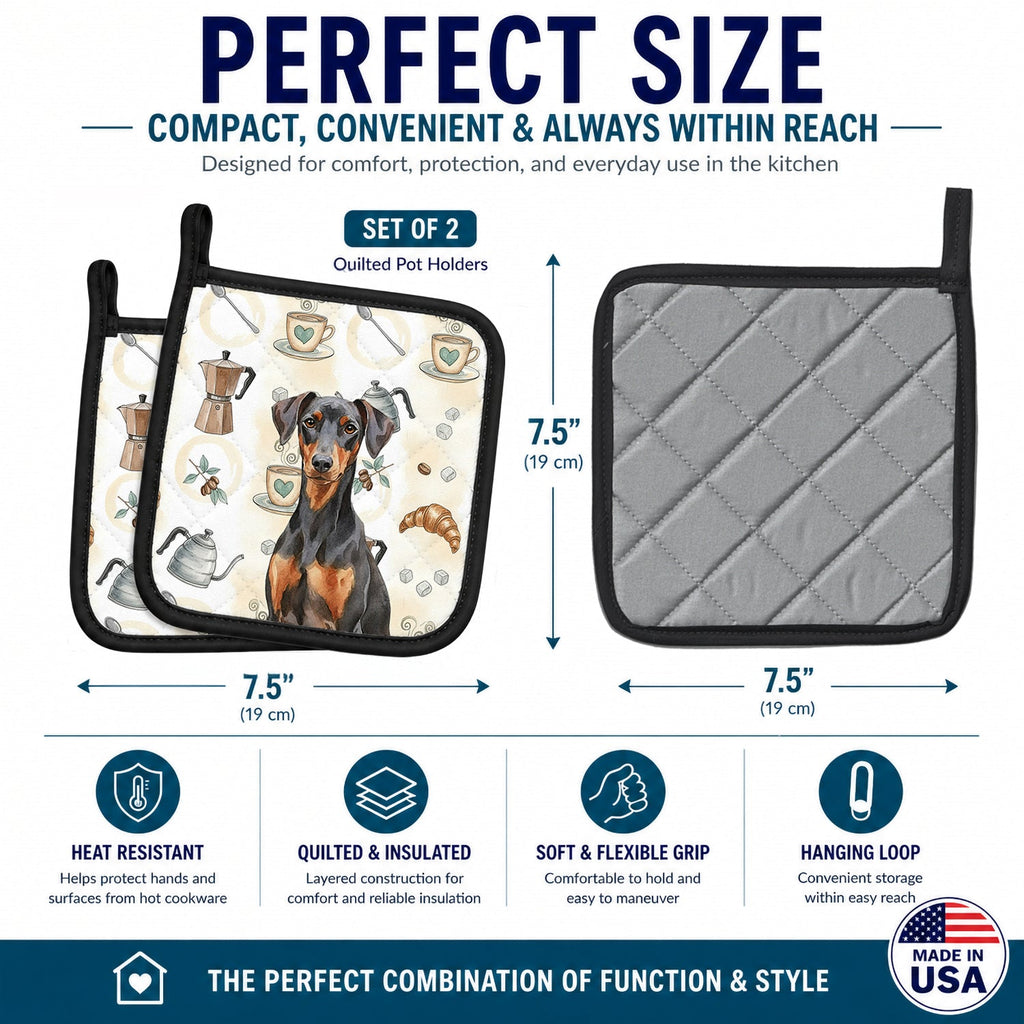 German Pinscher Coffee Bar Pot Holder Set of 2 Heat Resistant Quilted Hot Pads 7.5 x 7.5 Inch, Insulated Kitchen Trivets for Cooking & Baking