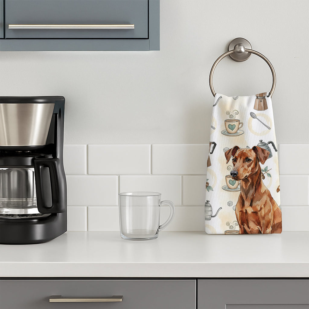 Red German Pinscher Coffee Bar Kitchen Towel Velour Plush Front and Cotton Loop Back Machine Washable