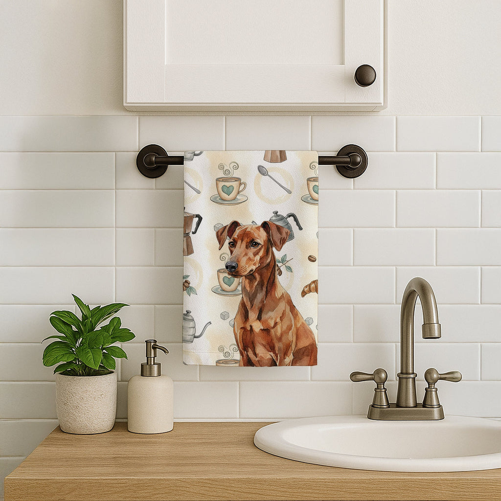 Red German Pinscher Coffee Bar Kitchen Towel Velour Plush Front and Cotton Loop Back Machine Washable