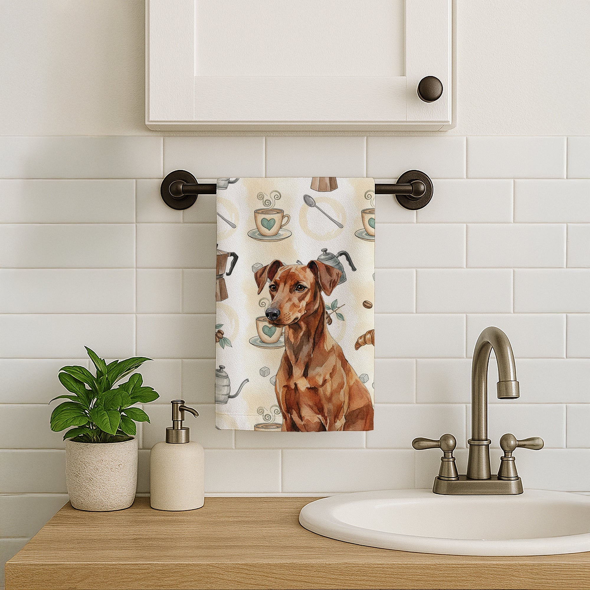 Red German Pinscher Coffee Bar Kitchen Towel Velour Plush Front and Cotton Loop Back Machine Washable