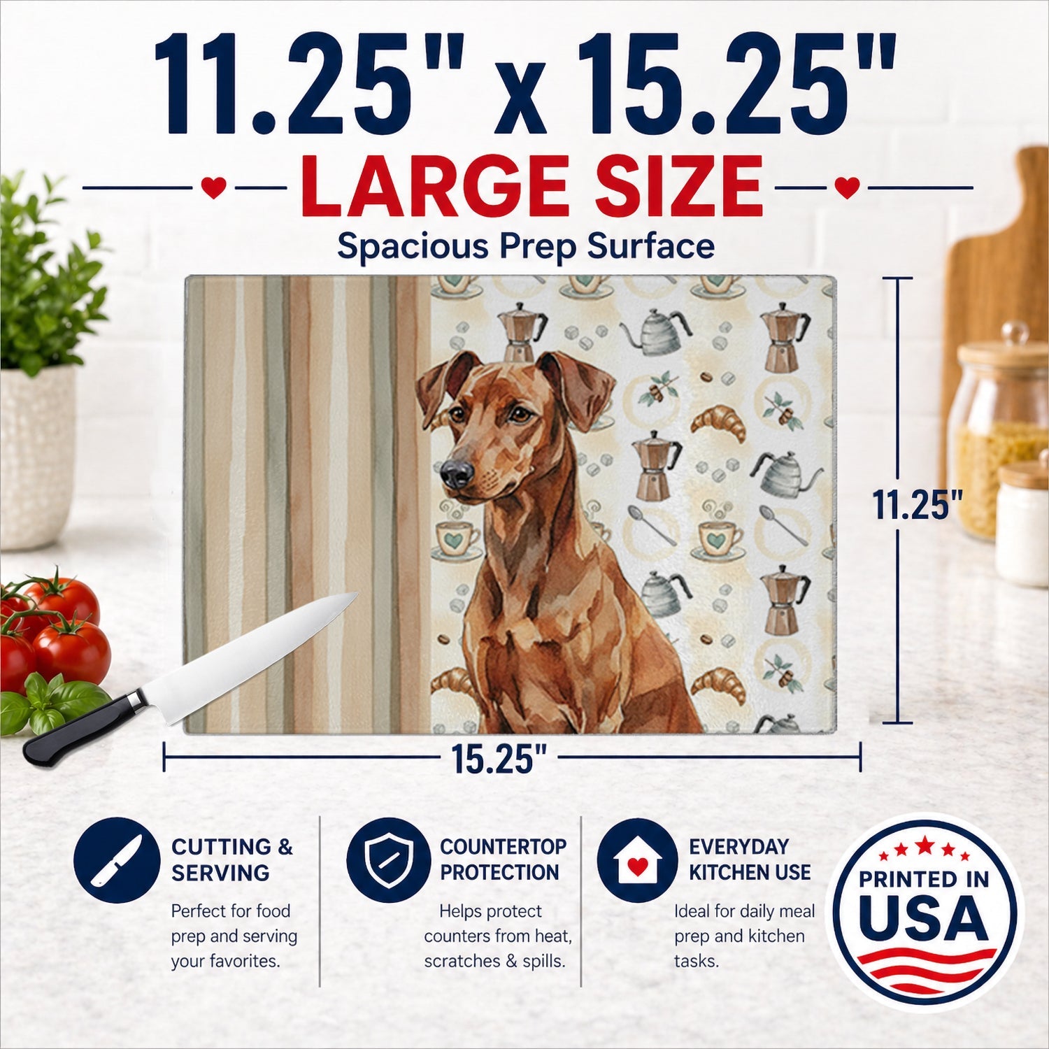 Red German Pinscher Coffee Bar Cutting Board Tempered Glass Kitchen Cutting Surface, Heat Resistant Chopping, Non-Slip Feet, Food Prep & Serving
