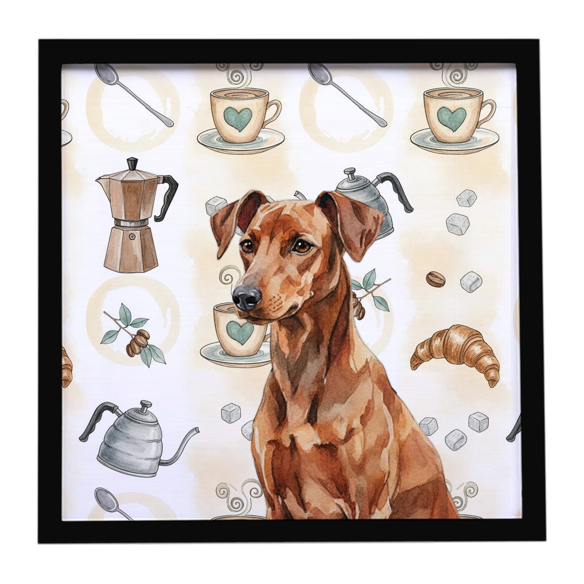 Red German Pinscher Coffee Bar Framed Metal Print Bathroom, Kitchen, Office, Home Decor Wall Art Ready to Hang, Square, 8X8