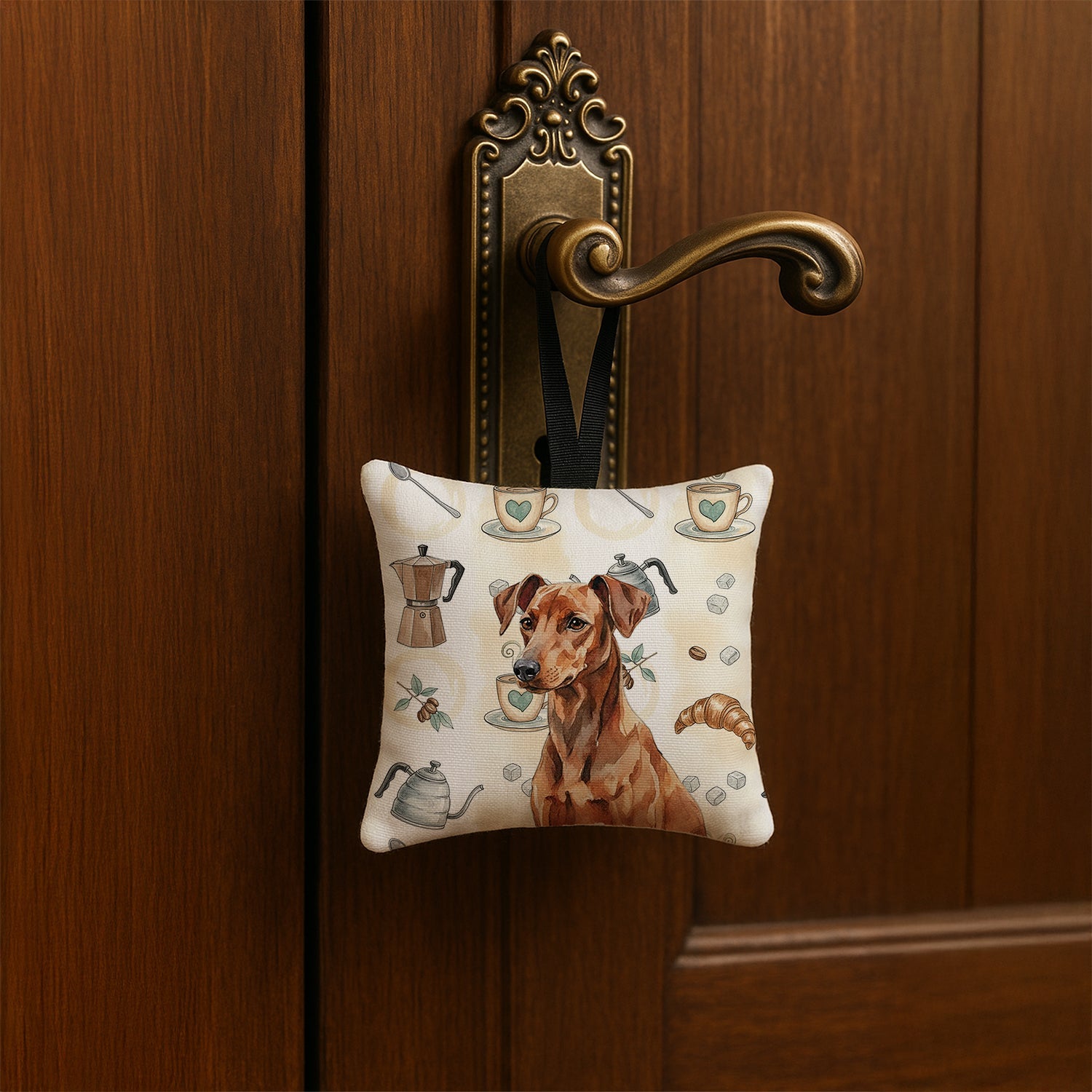 Red German Pinscher Coffee Bar Hanging Square Fabric Ornament 3.5 � 3.5 Decorative Door-Knob & Tree Hanger, Soft Fabric