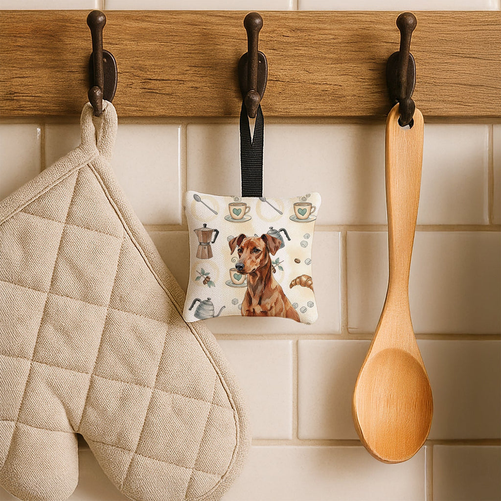 Red German Pinscher Coffee Bar Hanging Square Fabric Ornament 3.5 � 3.5 Decorative Door-Knob & Tree Hanger, Soft Fabric