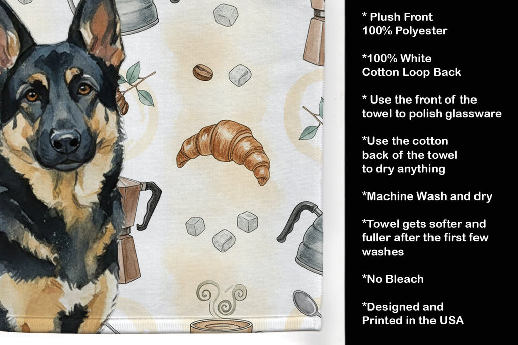 Black and Tan German Shepherd Coffee Bar Kitchen Towel Velour Plush Front and Cotton Loop Back Machine Washable