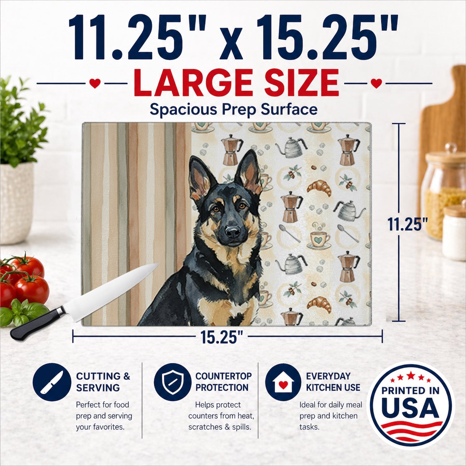 Black and Tan German Shepherd Coffee Bar Cutting Board Tempered Glass Kitchen Cutting Surface, Heat Resistant Chopping, Non-Slip Feet, Food Prep & Serving