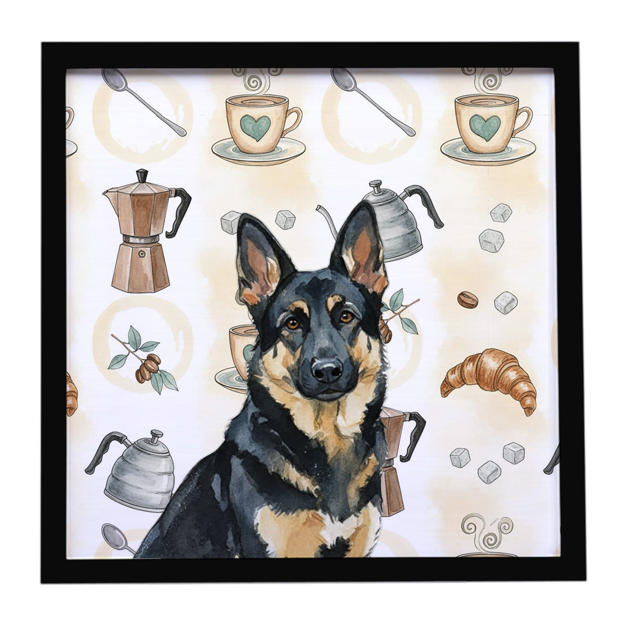 Black and Tan German Shepherd Coffee Bar Framed Metal Print Bathroom, Kitchen, Office, Home Decor Wall Art Ready to Hang, Square, 8X8