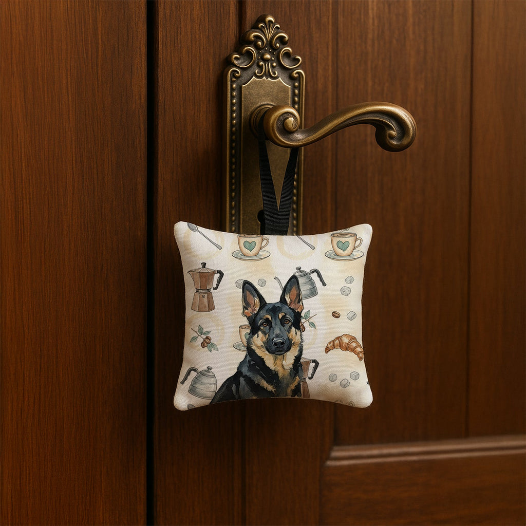 Black and Tan German Shepherd Coffee Bar Hanging Square Fabric Ornament 3.5 � 3.5 Decorative Door-Knob & Tree Hanger, Soft Fabric