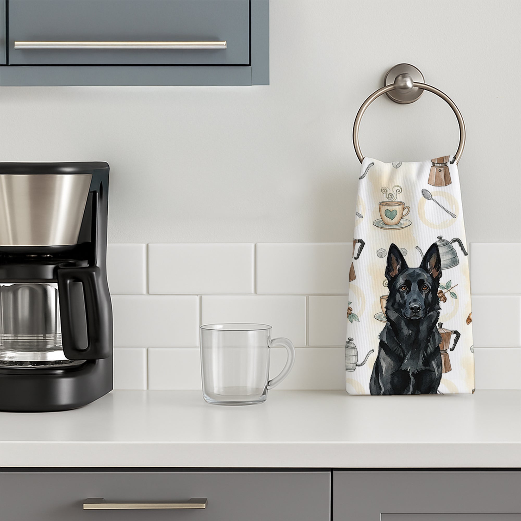 Black German Shepherd Coffee Bar Kitchen Towel Velour Plush Front and Cotton Loop Back Machine Washable