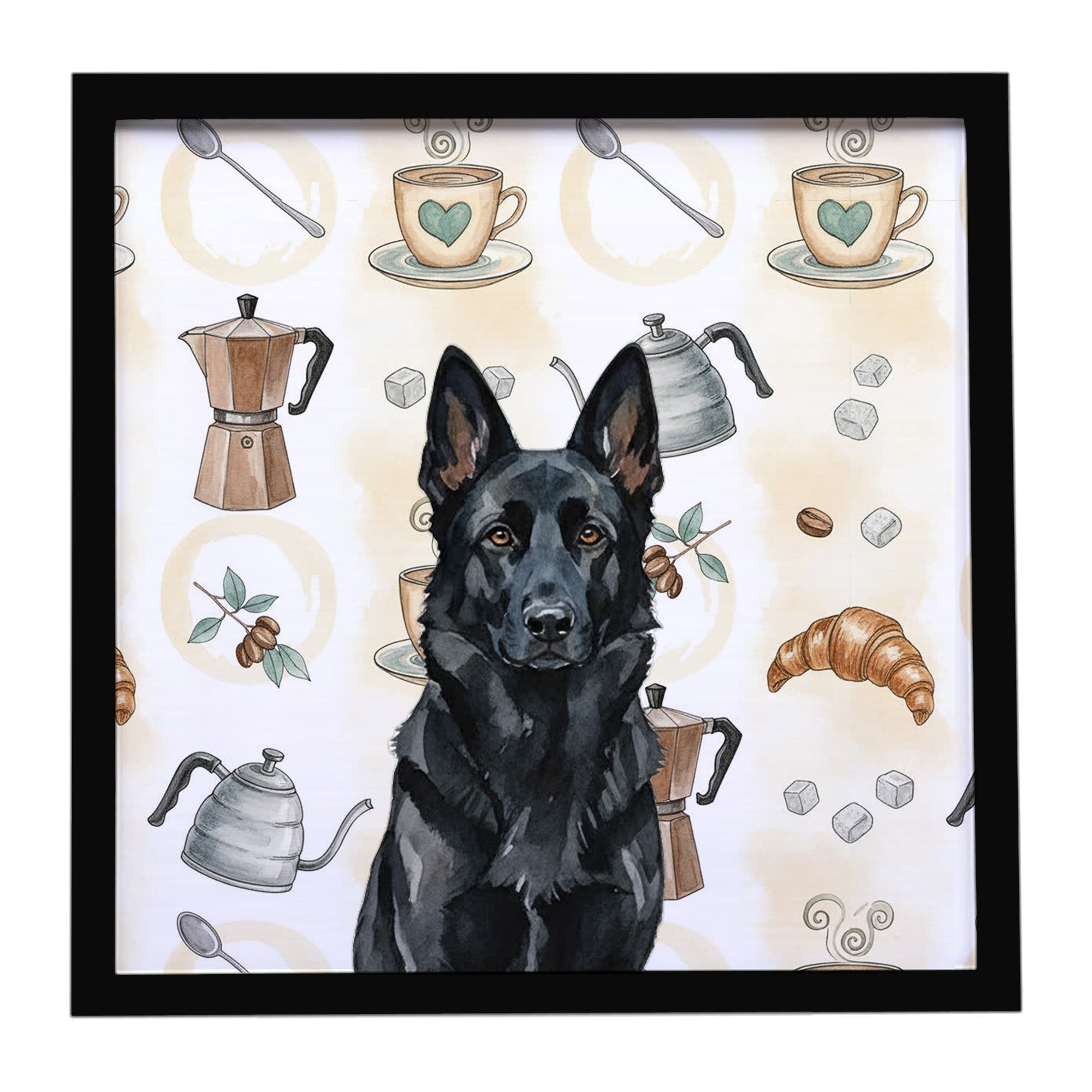 Black German Shepherd Coffee Bar Framed Metal Print Bathroom, Kitchen, Office, Home Decor Wall Art Ready to Hang, Square, 8X8