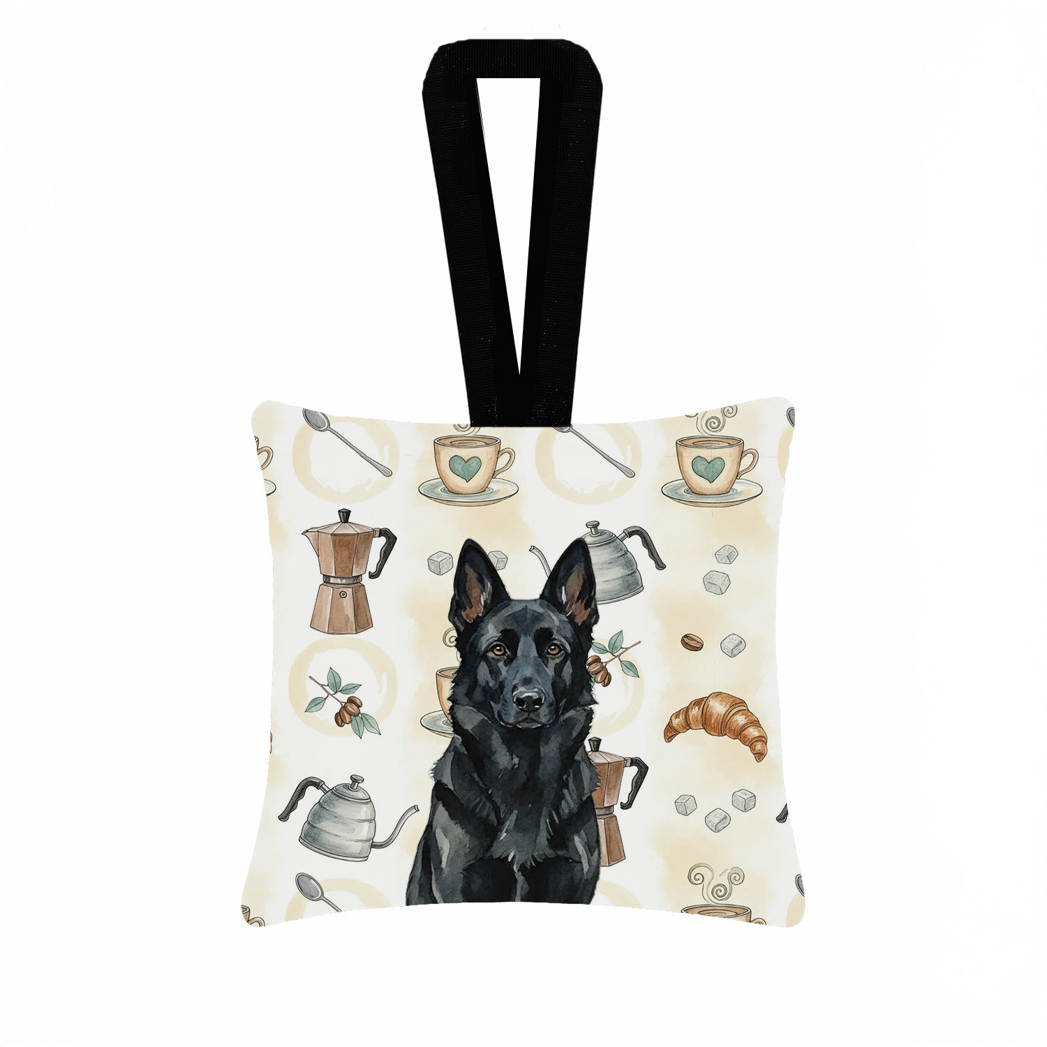Black German Shepherd Coffee Bar Hanging Square Fabric Ornament 3.5 � 3.5 Decorative Door-Knob & Tree Hanger, Soft Fabric
