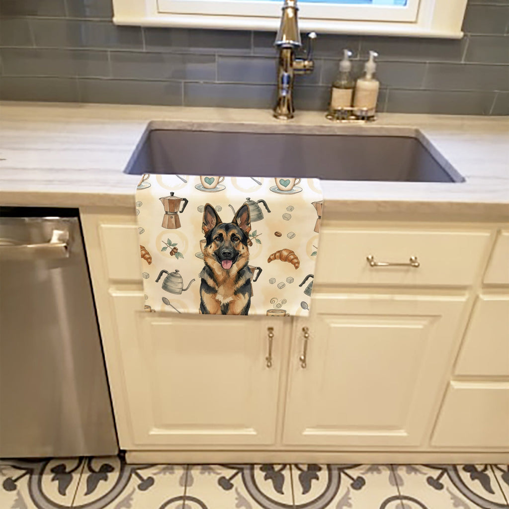 German Shepherd Coffee Bar Kitchen Towel Velour Plush Front and Cotton Loop Back Machine Washable