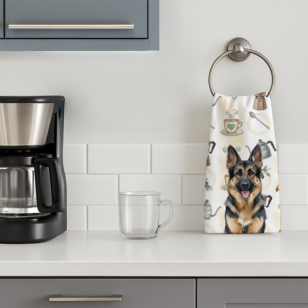 German Shepherd Coffee Bar Kitchen Towel Velour Plush Front and Cotton Loop Back Machine Washable