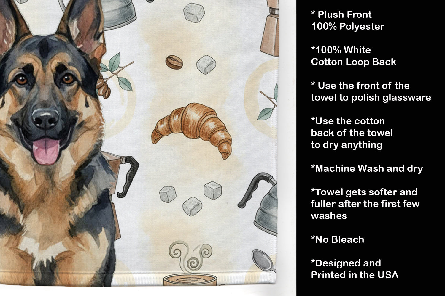German Shepherd Coffee Bar Kitchen Towel Velour Plush Front and Cotton Loop Back Machine Washable