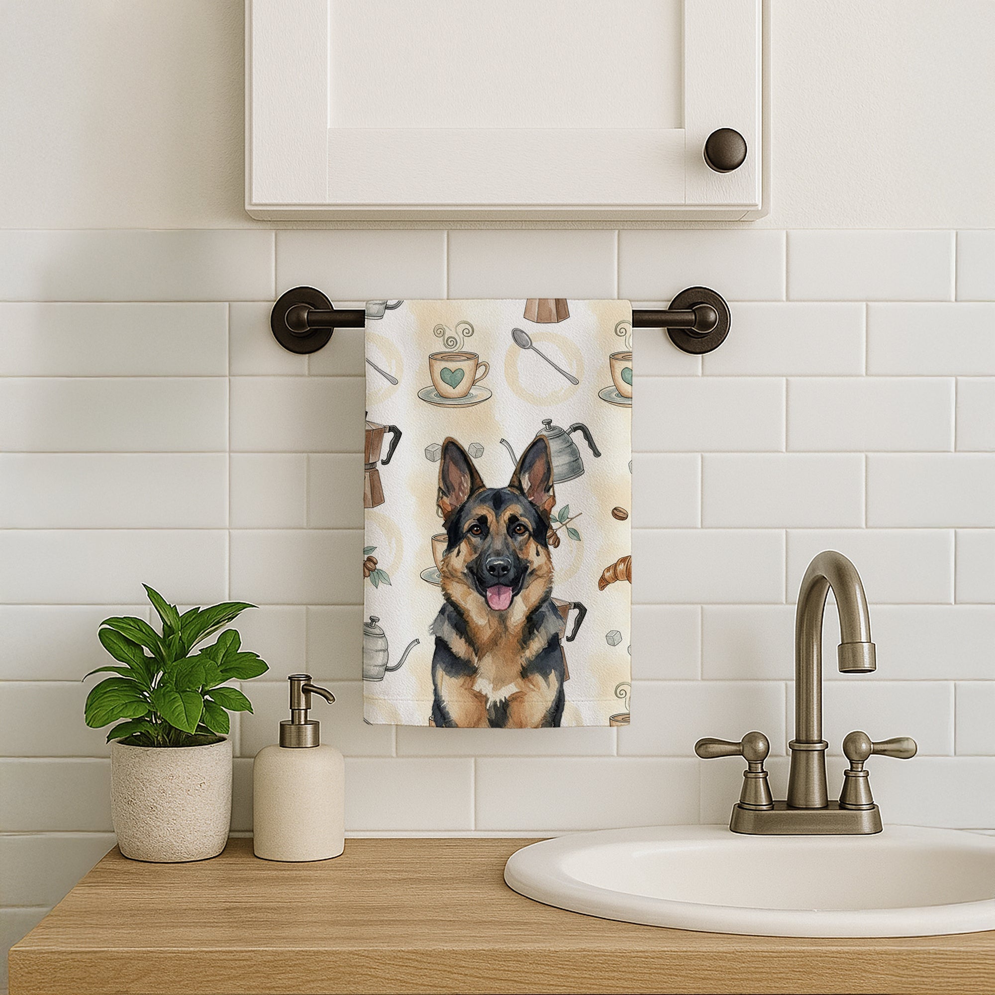 German Shepherd Coffee Bar Kitchen Towel Velour Plush Front and Cotton Loop Back Machine Washable