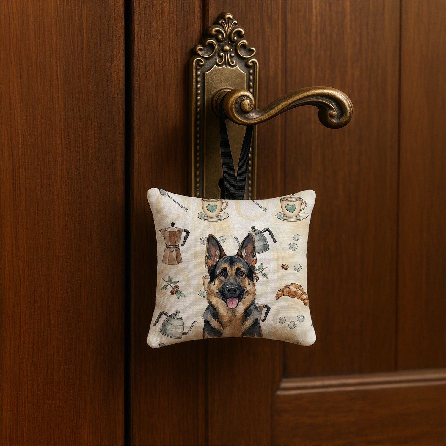 German Shepherd Coffee Bar Hanging Square Fabric Ornament 3.5 � 3.5 Decorative Door-Knob & Tree Hanger, Soft Fabric