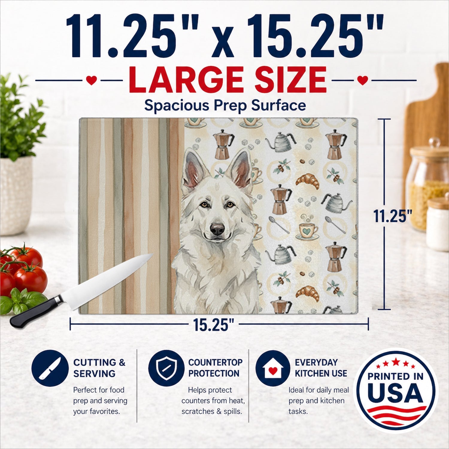 White German Shepherd Coffee Bar Cutting Board Tempered Glass Kitchen Cutting Surface, Heat Resistant Chopping, Non-Slip Feet, Food Prep & Serving