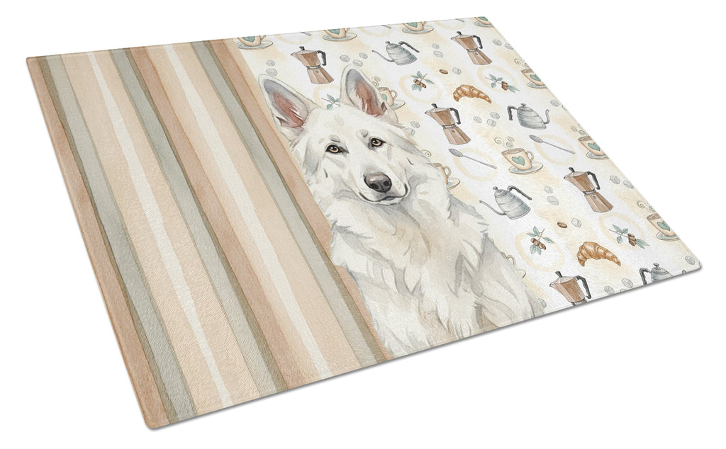 White German Shepherd Coffee Bar Cutting Board Tempered Glass Kitchen Cutting Surface, Heat Resistant Chopping, Non-Slip Feet, Food Prep & Serving