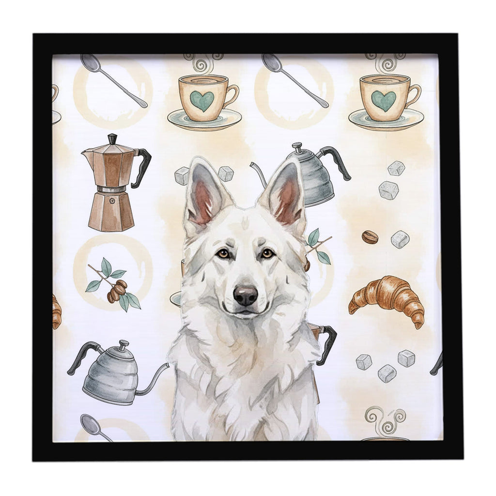 White German Shepherd Coffee Bar Framed Metal Print Bathroom, Kitchen, Office, Home Decor Wall Art Ready to Hang, Square, 8X8