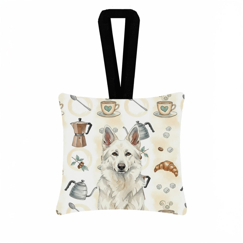 White German Shepherd Coffee Bar Hanging Square Fabric Ornament 3.5 � 3.5 Decorative Door-Knob & Tree Hanger, Soft Fabric