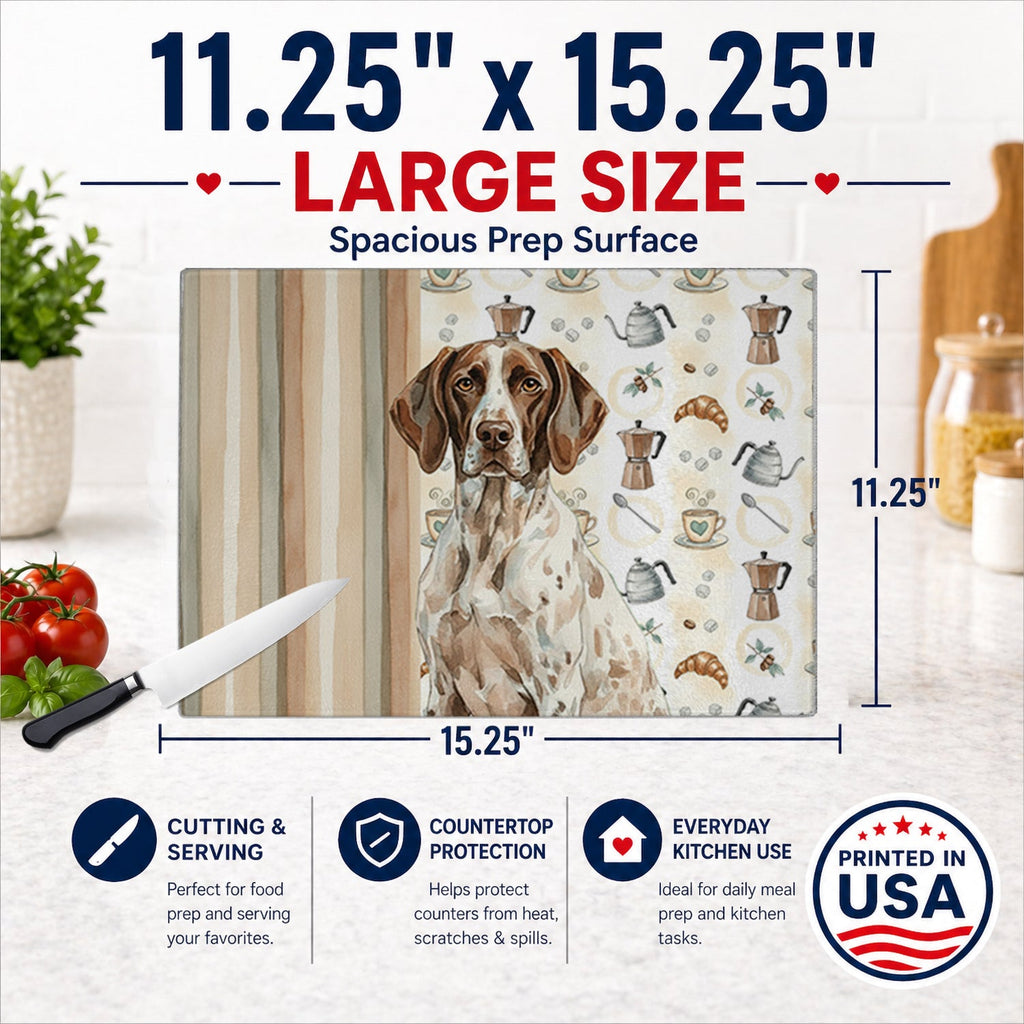 German Shorthaired Pointer Coffee Bar Cutting Board Tempered Glass Kitchen Cutting Surface, Heat Resistant Chopping, Non-Slip Feet, Food Prep & Serving