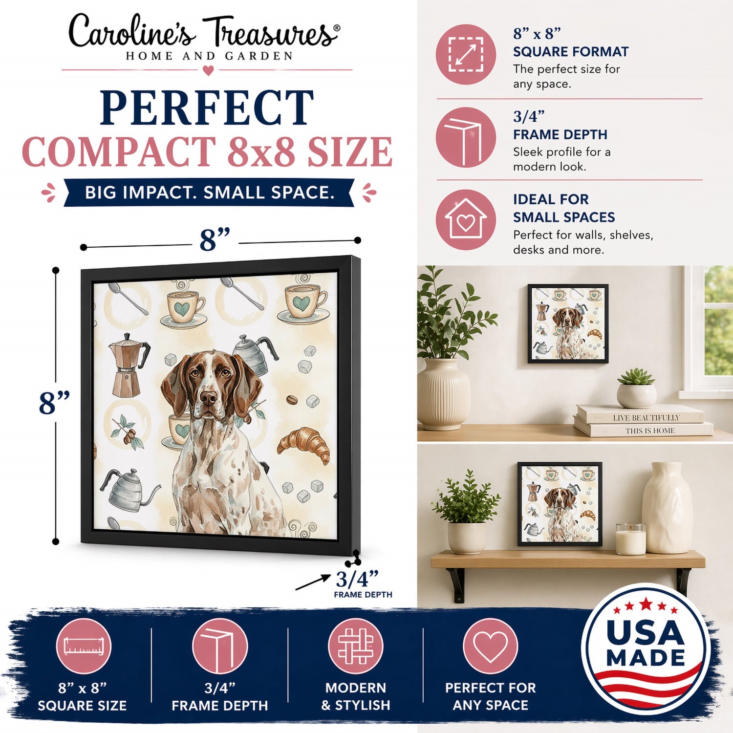 German Shorthaired Pointer Coffee Bar Framed Metal Print Bathroom, Kitchen, Office, Home Decor Wall Art Ready to Hang, Square, 8X8