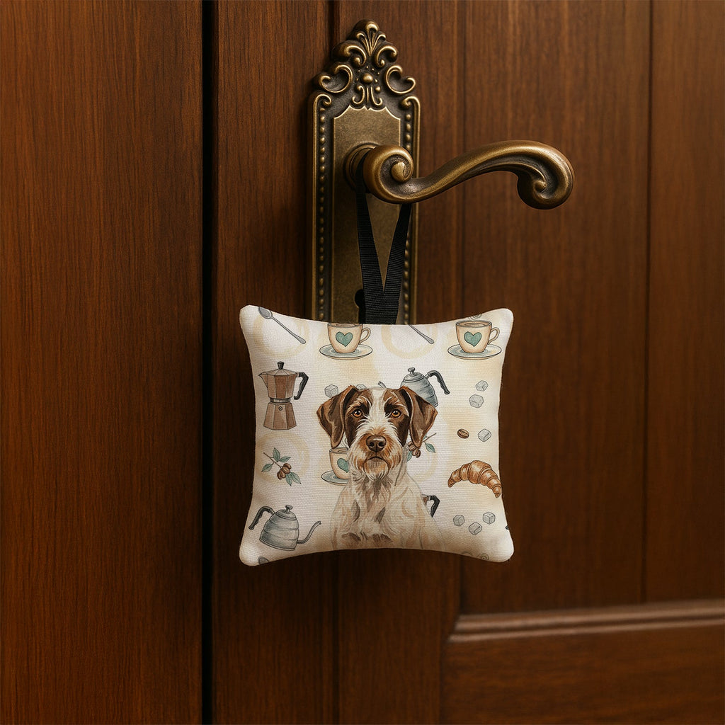 Liver and White German Wirehaired Pointer Coffee Bar Hanging Square Fabric Ornament 3.5 � 3.5 Decorative Door-Knob & Tree Hanger, Soft Fabric